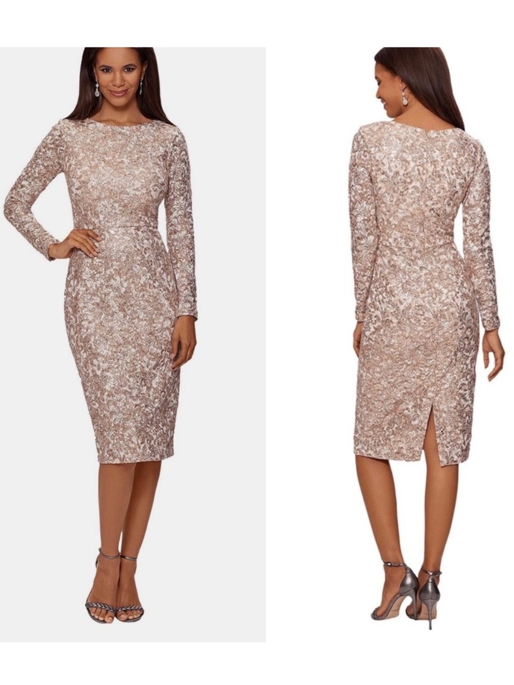 Xscape Sequin Lace Midi Dress Champagne Long Sleeve Sheath Size 12 Formal